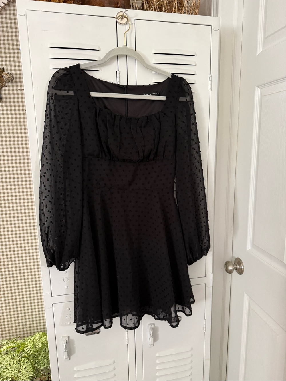 SHEIN Black Swiss Dot Long Sleeve Mini Dress with Puff Sleeves